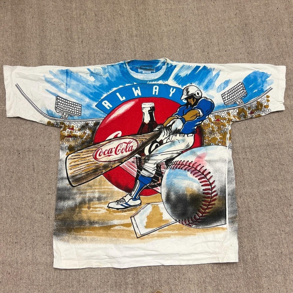 Vintage Coca Cola Shirt Mens XL Blue 1990s Baseball AOP USA